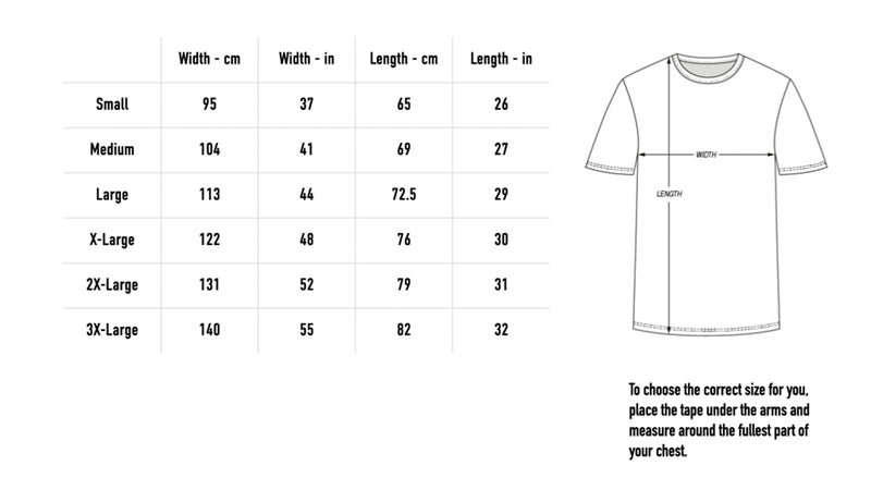 Size chart for life & death etc Tee & Cap Bundle